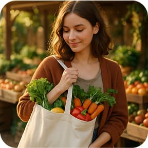 A young woman holding a large eco tote bag filled with fresh vegetables and fruits at a local farmer's market. Warm sunlight, cozy atmosphere, background with wooden crates and greenery. The tote has a simple, natural design.