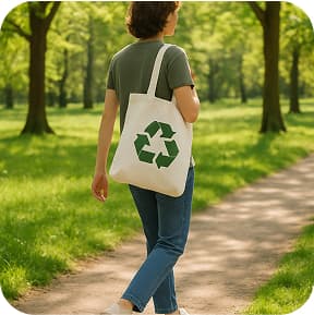 A person walking through a park or nature trail carrying an eco-friendly tote bag on their shoulder. Casual outfit, spring or summer scenery, with trees, grass, and soft shadows. The bag moves naturally as part of the lifestyle moment.