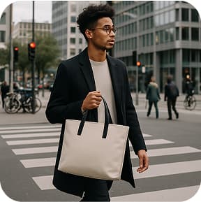 A city scene where a stylish person carries a tote bag while crossing a street or standing at a crosswalk. Urban backdrop, bicycles, pedestrians, and modern architecture in the background. The bag is modern, clean, and fashionable.